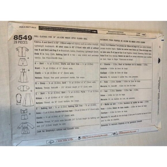 Simplicity Crafts Magic Attic Club Doll Clothes Uncut Pattern 8549 Size 18" Doll - Picture 2 of 2